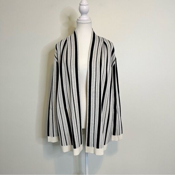 St. John Wool Cashmere Blend Open Front Cardigan Sweater Black White Stripe Sz S - Picture 2 of 10